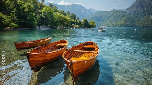 Traditional wooden rowboats moored on the crystal-clear waters of a tranquil mountain lake surrounded by forests.