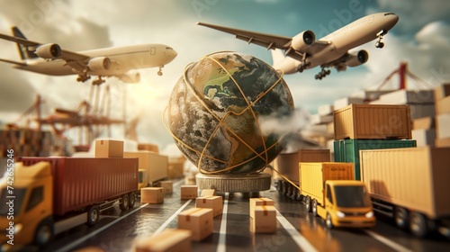 Illustration of airplanes, trucks, and packages symbolizing worldwide delivery, Logistic network distribution by various transports