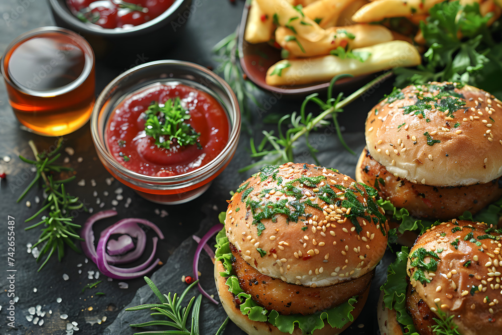 Table With Burgers and French Fries Table With Burgers and French Fries