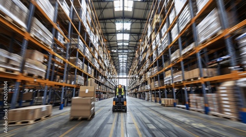 Spacious distribution warehouse with high shelves stocked with boxes, forklift in motion, operated by worker. Space is organized for efficient workflow