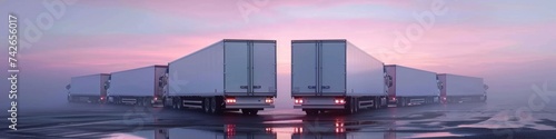 Semi-trucks in convoy on misty road at dawn or dusk. Advertisement for a long-haul trucking company.