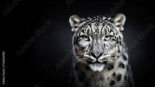 Front view of Snow Leopard on dark gray background. Wild animals banner with copy space 