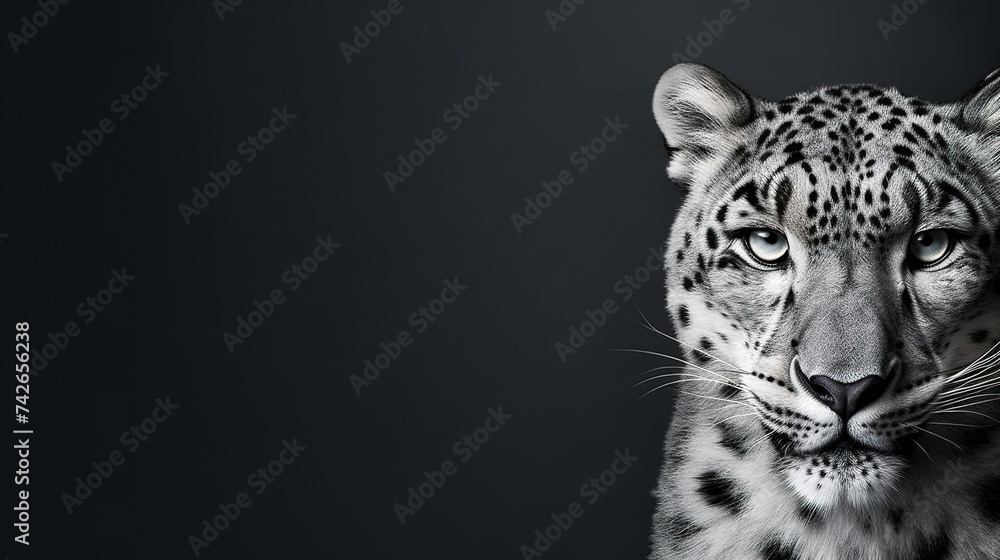 Front view of Snow Leopard on dark gray background. Wild animals banner with copy space Front view of Snow Leopard on dark gray background. Wild animals banner with copy space