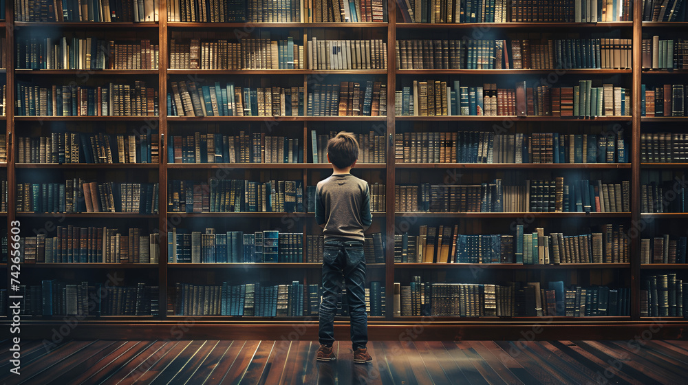 boy is standing in front of bookshelves of a library , Children Book Day - obrazy, fototapety, plakaty 