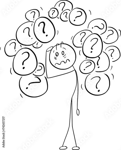 Worried and Frustrated Person Thinking About Problem or Question, Vector Cartoon Stick Figure Illustration