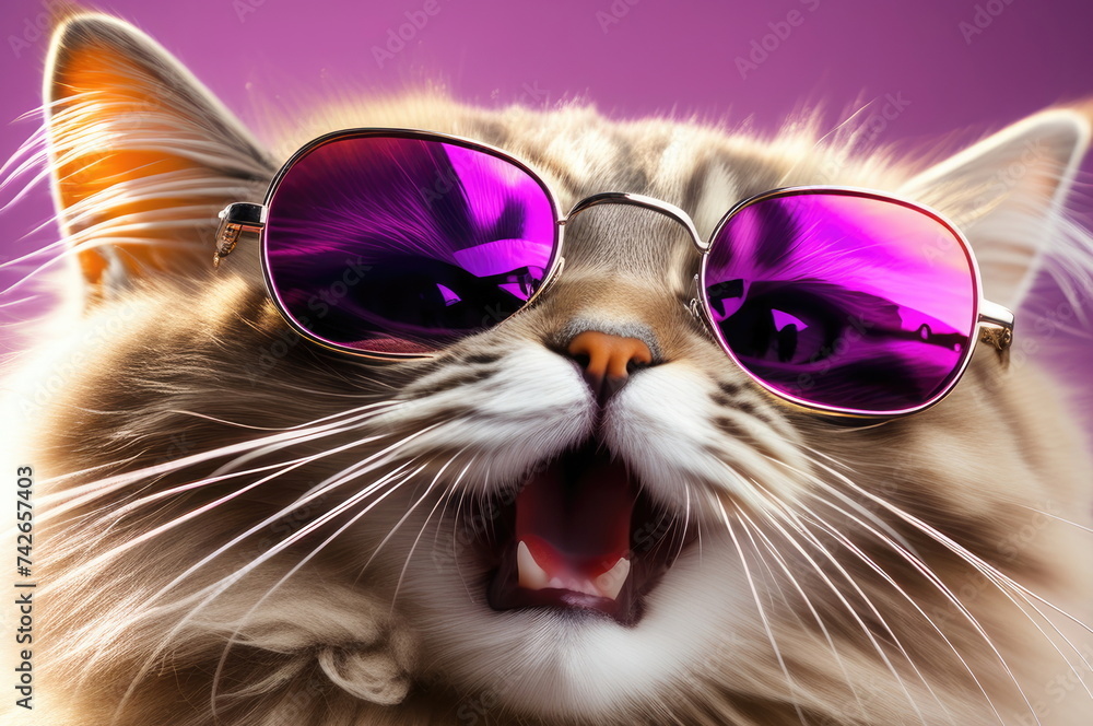 Cat in Chic Sunglasses Yawning on a Lavender Backdrop