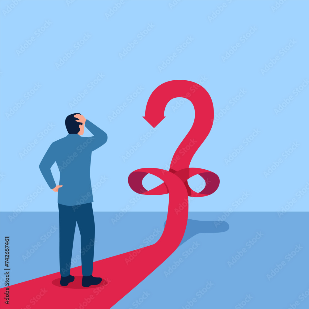 Confused man looking at circuitous road, metaphor for uncertainty. Simple flat conceptual illustration. Confused man looking at circuitous road, metaphor for uncertainty. Simple flat conceptual illustration.