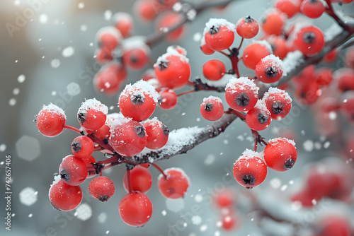 Snow-Covered Branch With Red Berries