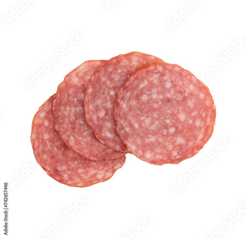 salami sausage cut into pieces isolated