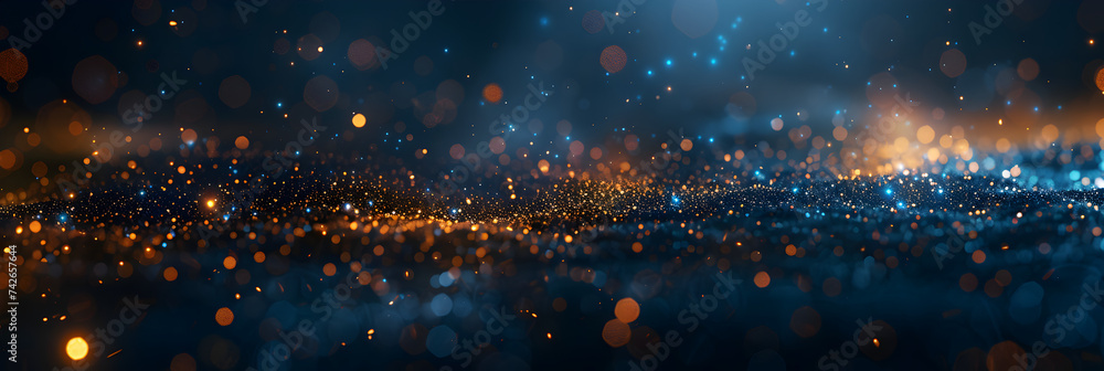 Blue And Gold Background, Magical Background, Decoration bokeh glitters background, abstract shiny backdrop with circles, - obrazy, fototapety, plakaty 