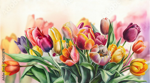 tulips flowers on watercolor paper, floral  background. Botanical background,bouquet for greeting card or flyer .