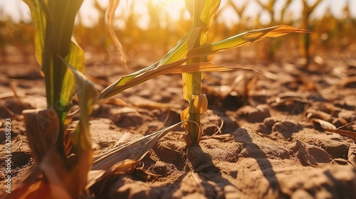 Severe drought impacts a cornfield under the blazing sun.