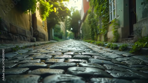 Sunlight filters through leaves over a quaint cobblestone alley in an old town, evoking a sense of history and charm.