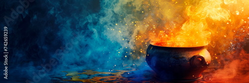 potion cauldron bubbling with abstract colors and shapes, its magical brew cascading into a watercolor background.