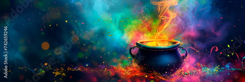 potion cauldron bubbling with abstract colors and shapes, its magical brew cascading into a watercolor background.
