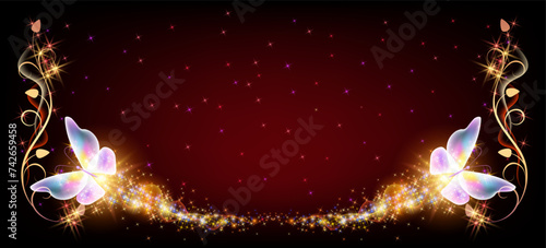 Flying delightful butterflies with sparkle and blazing trail flying in night sky among shiny glowing stars in cosmic space. Animal protection day concept.