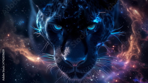 panther with eyes that reflect the cosmos, set against a moonlit backdrop with swirling galaxies. photo