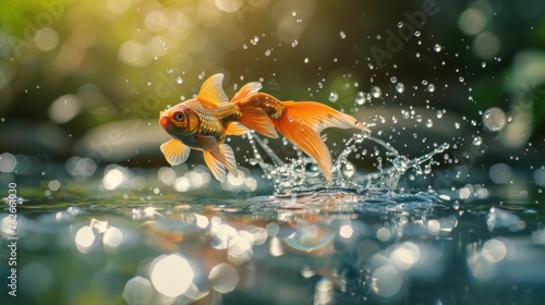 goldfish jumping out of the from the river © CStock