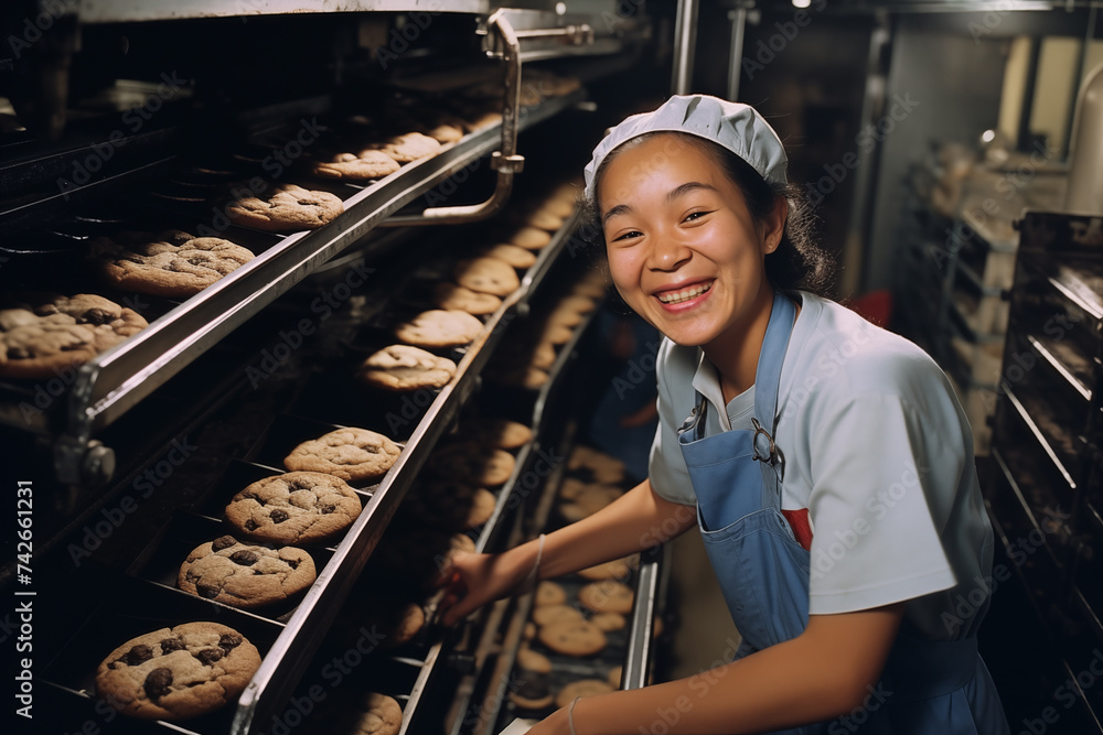 An Asian woman working in a candy and cookie factory