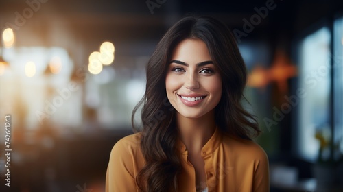Women s emotions  concept Portrait of happy woman looks in camera. 