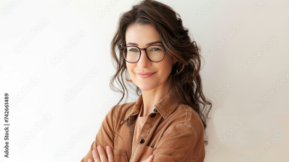Smiling brunette woman with crossed arms 