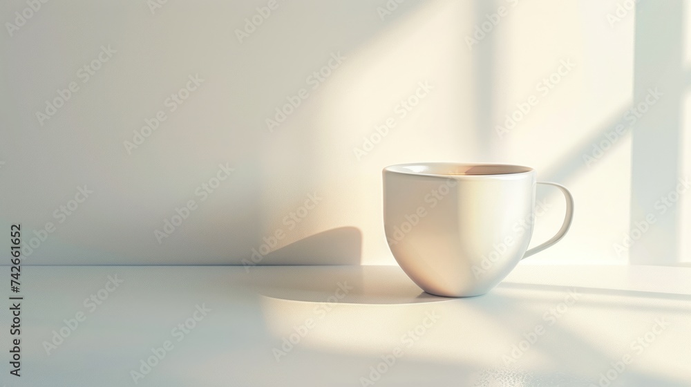 White cup and the background of the white wall, morning light and shadow White cup and the background of the white wall, morning light and shadow