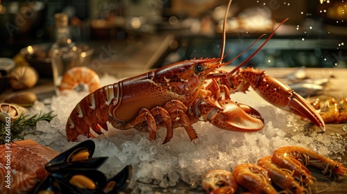  Whole lobster with seafood, wooden table 