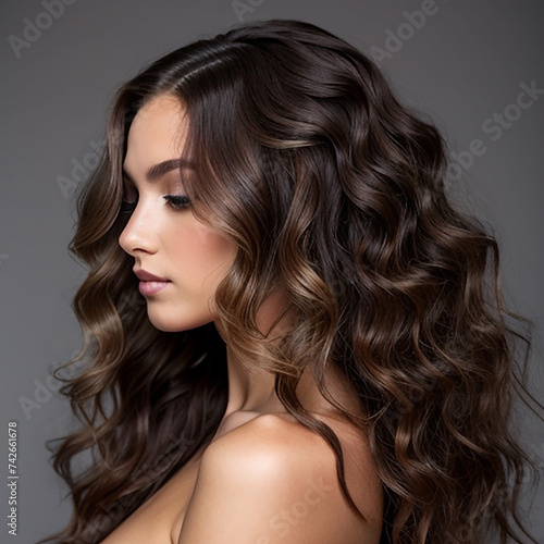 Woman profile view, soft facial features, fair skin, rich curly brown hair, subtle highlights, natural makeup, gentle eye enhancement, full pink lips, elegant pose, serene expression.