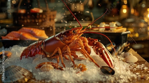  Whole lobster with seafood,  wooden table 
