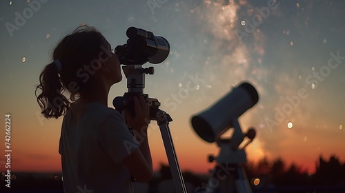A young aspiring astronomer peers through a telescope at the twilight sky, exploring the vastness and beauty of the universe. photo