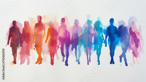 watercolor image featuring a crowd of people silhouetted in a rainbow of colors against a white backdrop. photo