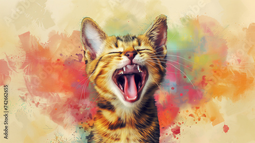 A joyful cat in mid-laugh, depicted in a unique watercolor and oil paint combination on a t-shirt.