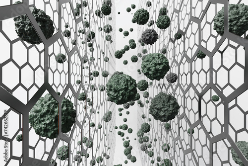 Silver perforated panels with hexagonal holes having gnarly green particles in between. Illustration of the concept of air purification, bacteria filtration and dirt trapped in fabric photo