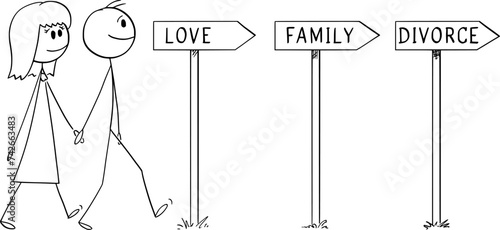 Man and Woman Walking Happily Together, Vector Cartoon Stick Figure Illustration