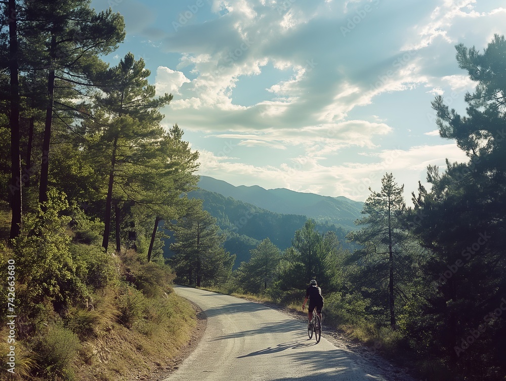 Un ciclista en una bicicleta de montaña en la subida por un camino en medio de un bosque soleado