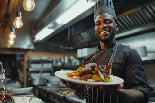 Smiling African American Chef Presenting Gourmet Dish in Restaurant Kitchen: Culinary Passion and Pride