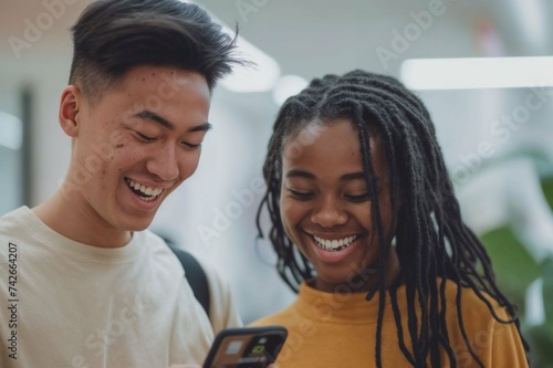 Young Multiethnic Couple Sharing Laughter over Smartphone in Modern Setting: Joyful Connection