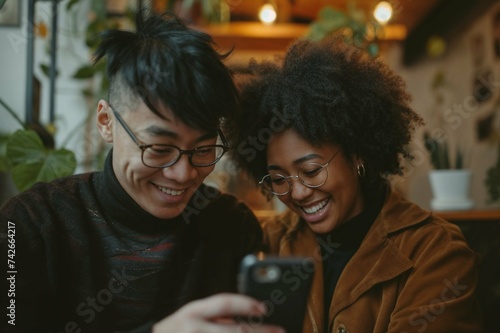 Joyful Multiethnic Couple Sharing a Laugh Over Smartphone in Cozy Cafe: Intimate Technology Connection