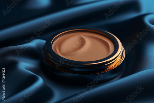 Matte foundation compacts gleaming against a deep navy background, symbolizing flawless coverage and timeless beauty.
