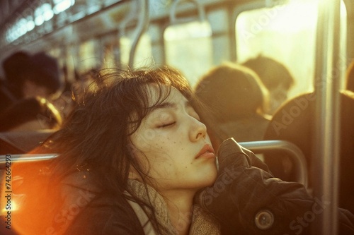 Young Woman in Peaceful Repose on Sunlit City Bus: A Serene Urban Escape