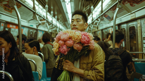 Man Clutching Peonies on Subway: Reflective Journey Amidst Urban Bustle