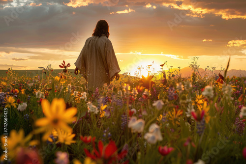 Jesus Christ. Man in a field of wildflowers at sunset