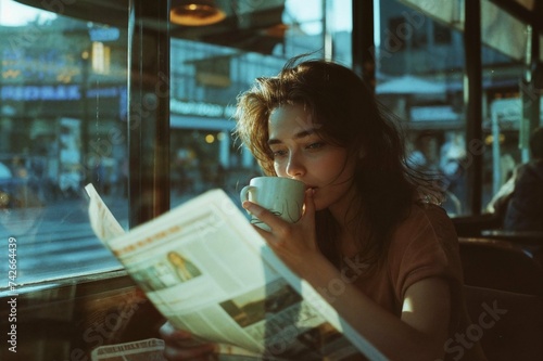 Pensive Young Woman Enjoying Coffee While Reading Newspaper in Sunlit Cafe