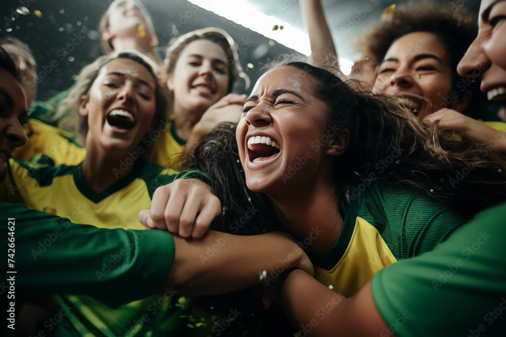 Women s soccer team celebrating victory - obrazy, fototapety, plakaty 