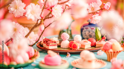 Cherry blossoms in full bloom with pastel-colored confections on a pink backdrop.