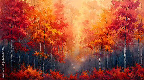 red and yellow 3d image, Autumn forest in bright sunlight landscape background 