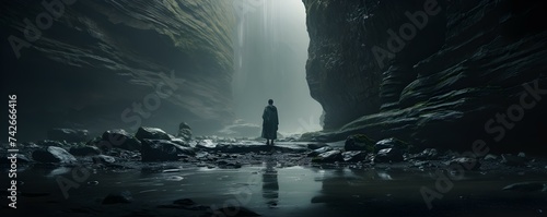 A man in a desolate sea cave reflects a haunting and mysterious world. Concept Fantasy, Desolation, Cave, Reflection, Mysterious World © Ян Заболотний