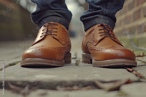 the legs of a man in brown, leather shoes. men's shoes on the asphalt. Close-up.