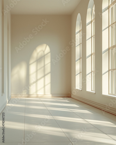 Empty room with high ceiling, large windows soft shadows on a sunny day