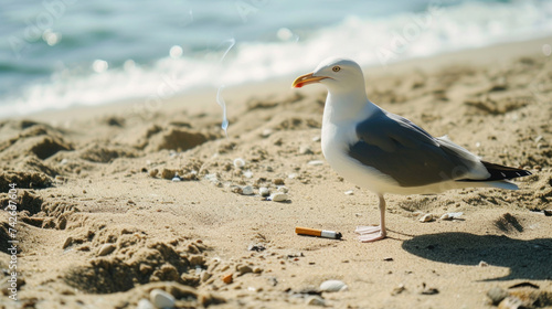 seabird seagull, martin on the seashore on the beach on the sand, a cigarette butt is lying nearby, smoking, garbage, environmental pollution
